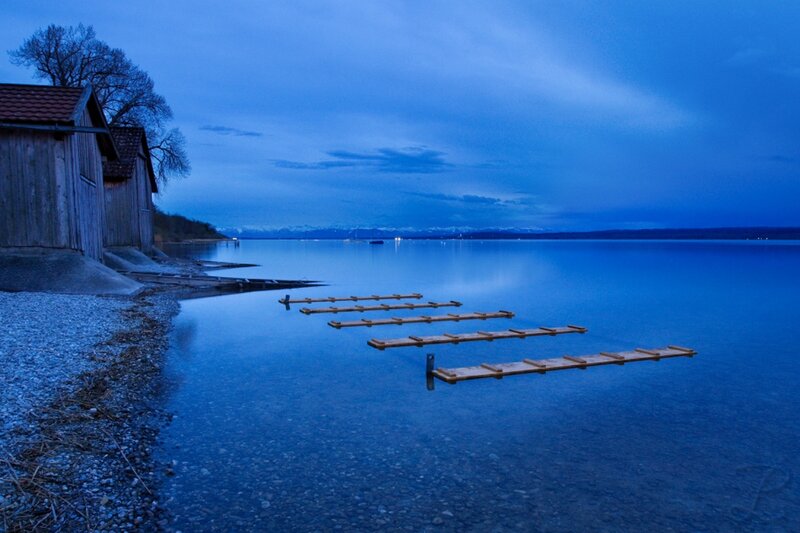 Wooden Docks on Lake — Blue, Serene