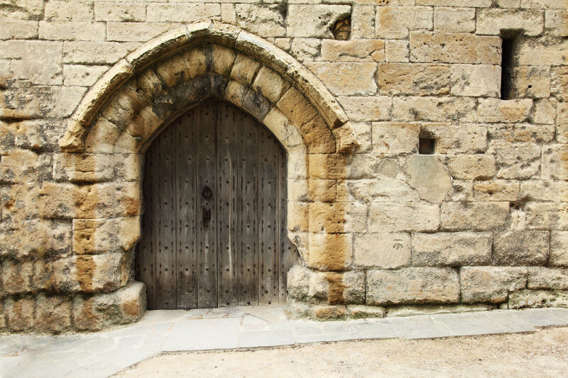 Wooden Door in Stone Wall — Brown, Ancient