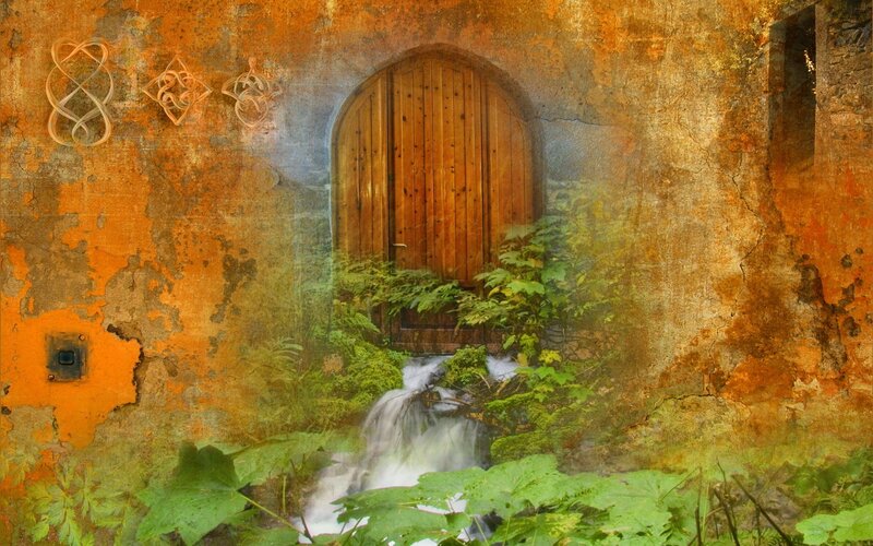 Wooden Door in Stone Wall — Orange, Mysterious