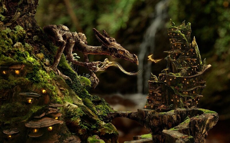 Wooden Dragon in Forest — Green, Mystical, Digital Art, Moss, Mushrooms