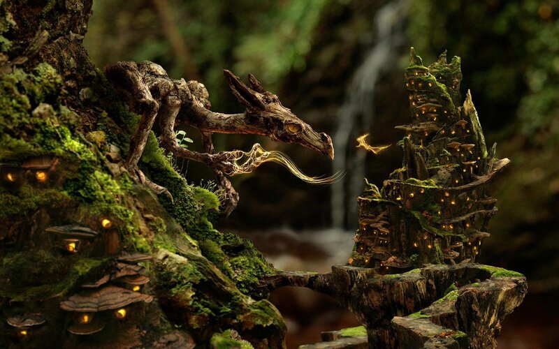 Wooden Dragon in Forest — Green, Mystical, Digital Art, Moss