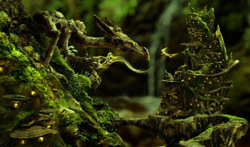 Wooden Dragon in Forest — Green, Mystical, Night