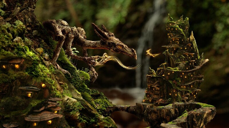Wooden Dragon in Forest — Green, Mystical