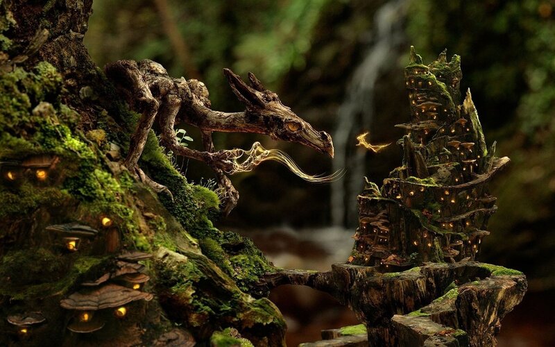 Wooden Dragon in Forest — Green