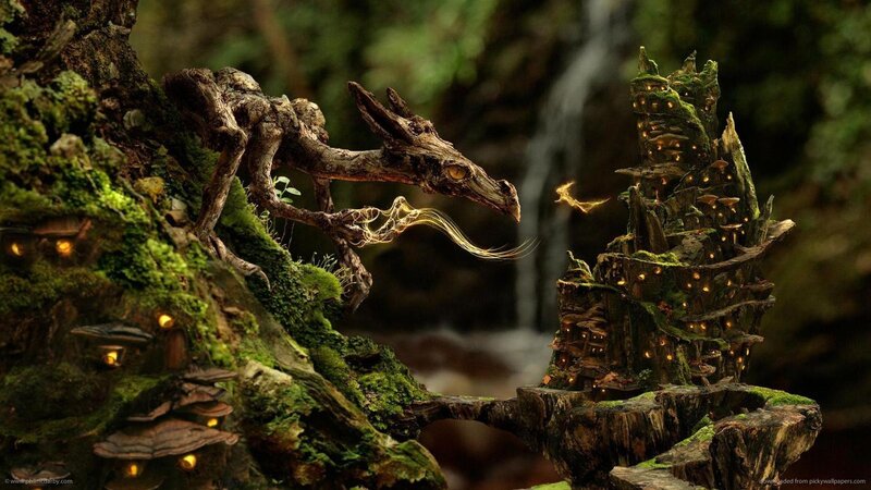 wooden dragon in forest