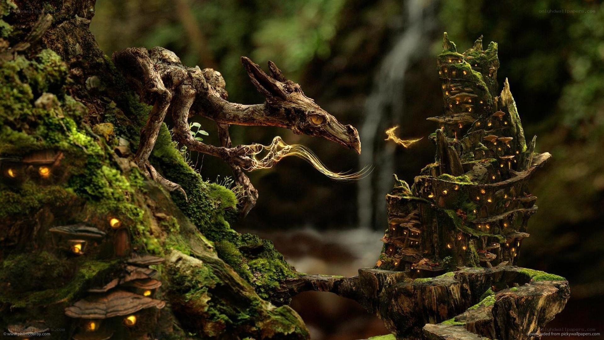 wooden dragon in forest
