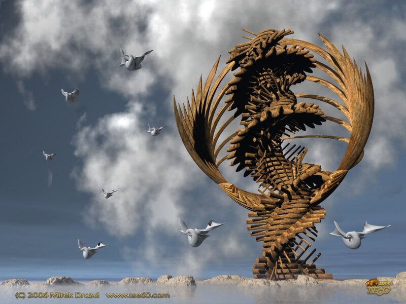 Wooden dragon sculpture with birds