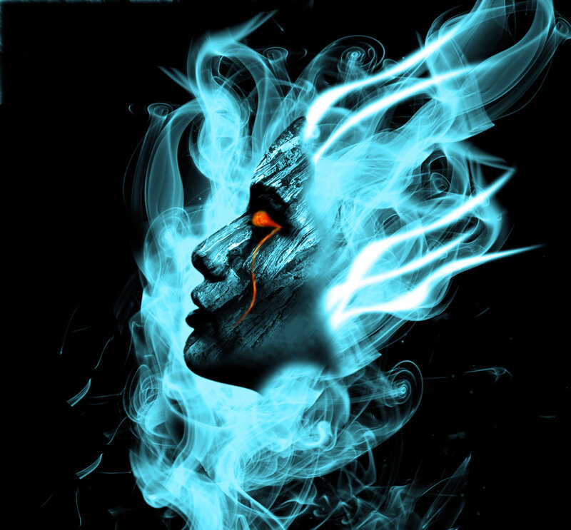 Wooden Face in Smoke
