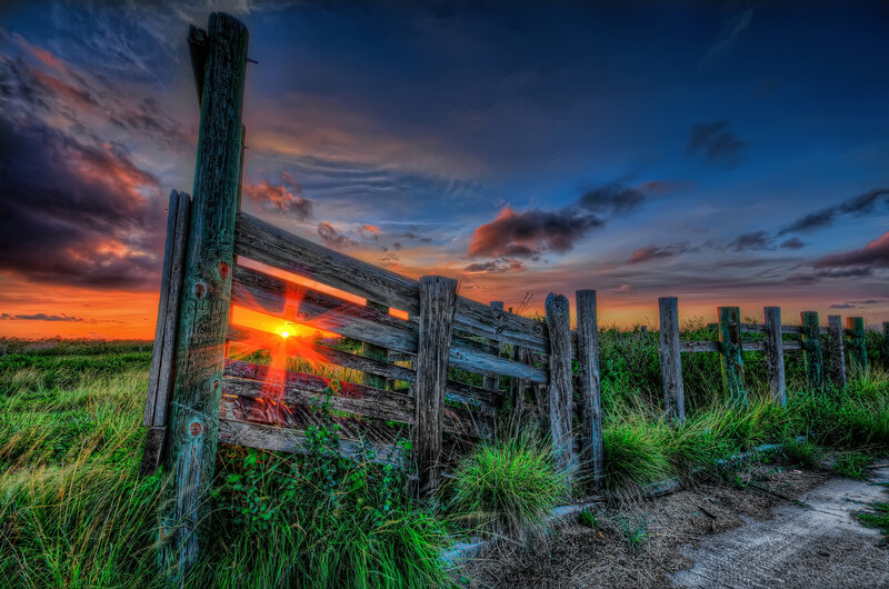Wooden Fence at Sunset — Blue, Dramatic