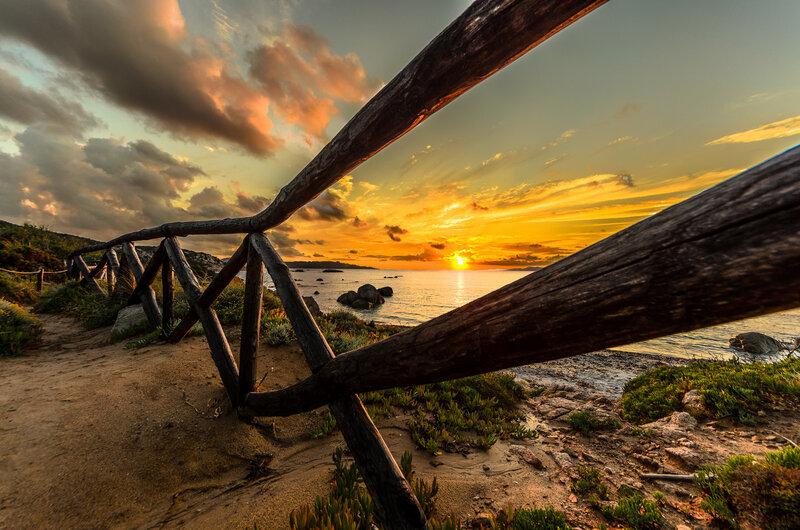 Wooden Fence at Sunset — Orange, Dramatic, Photograph