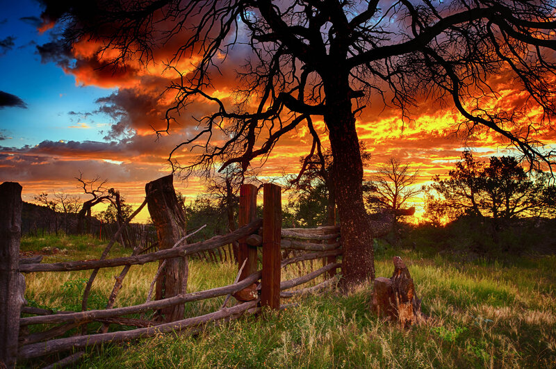 Wooden Fence at Sunset — Orange, Dramatic