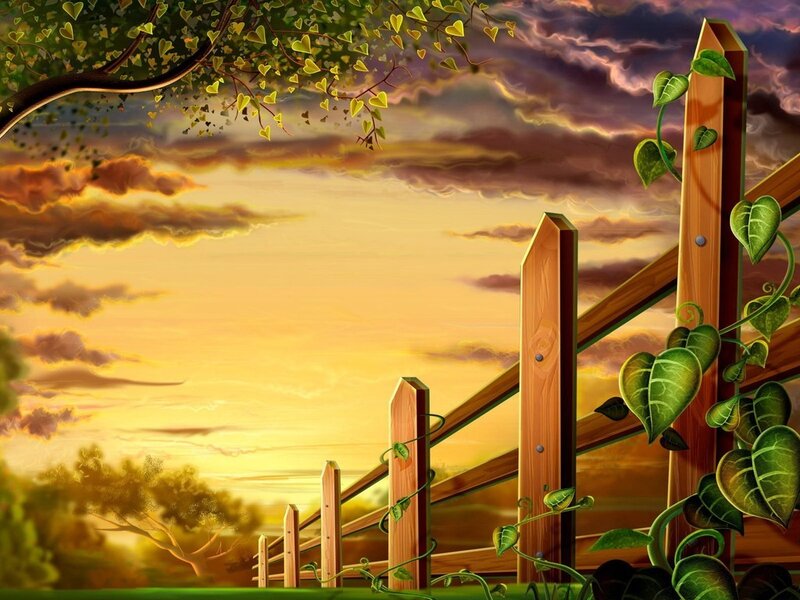 Wooden Fence at Sunset — Yellow, Dramatic