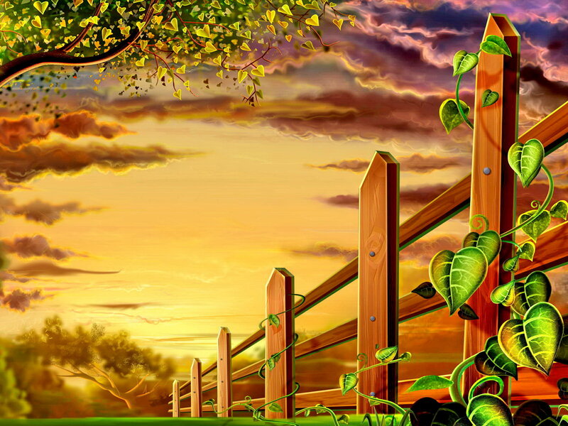 Wooden Fence at Sunset — Yellow, Serene, Digital Art