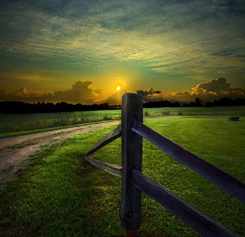 Wooden Fence in Field — Green, Dramatic, Sunset, Photograph