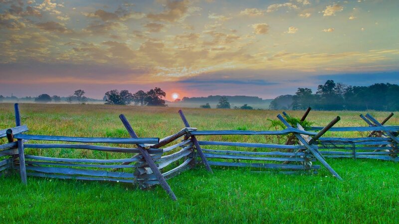 Wooden Fence in Field — Green, Serene, Sunset