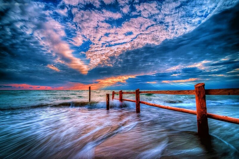 Wooden Fence in Ocean — Blue