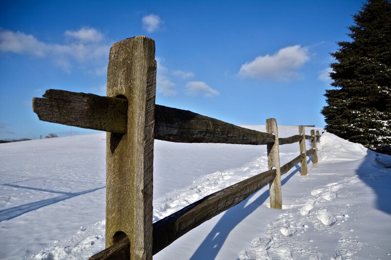 Wooden Fence in Snow — White, Serene, Winter, Photograph, Tree