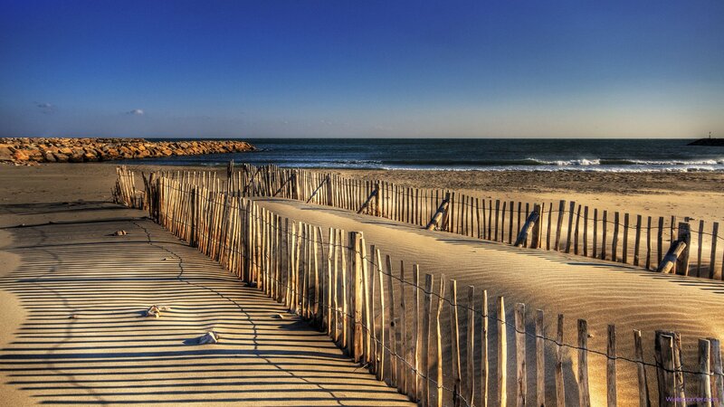 Wooden Fence on Beach — Blue, Serene