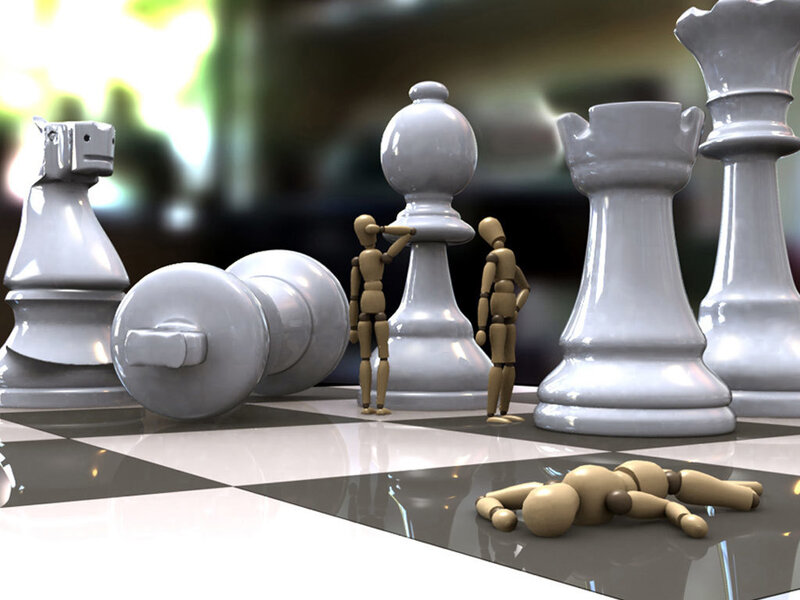 Wooden Figures on Chessboard