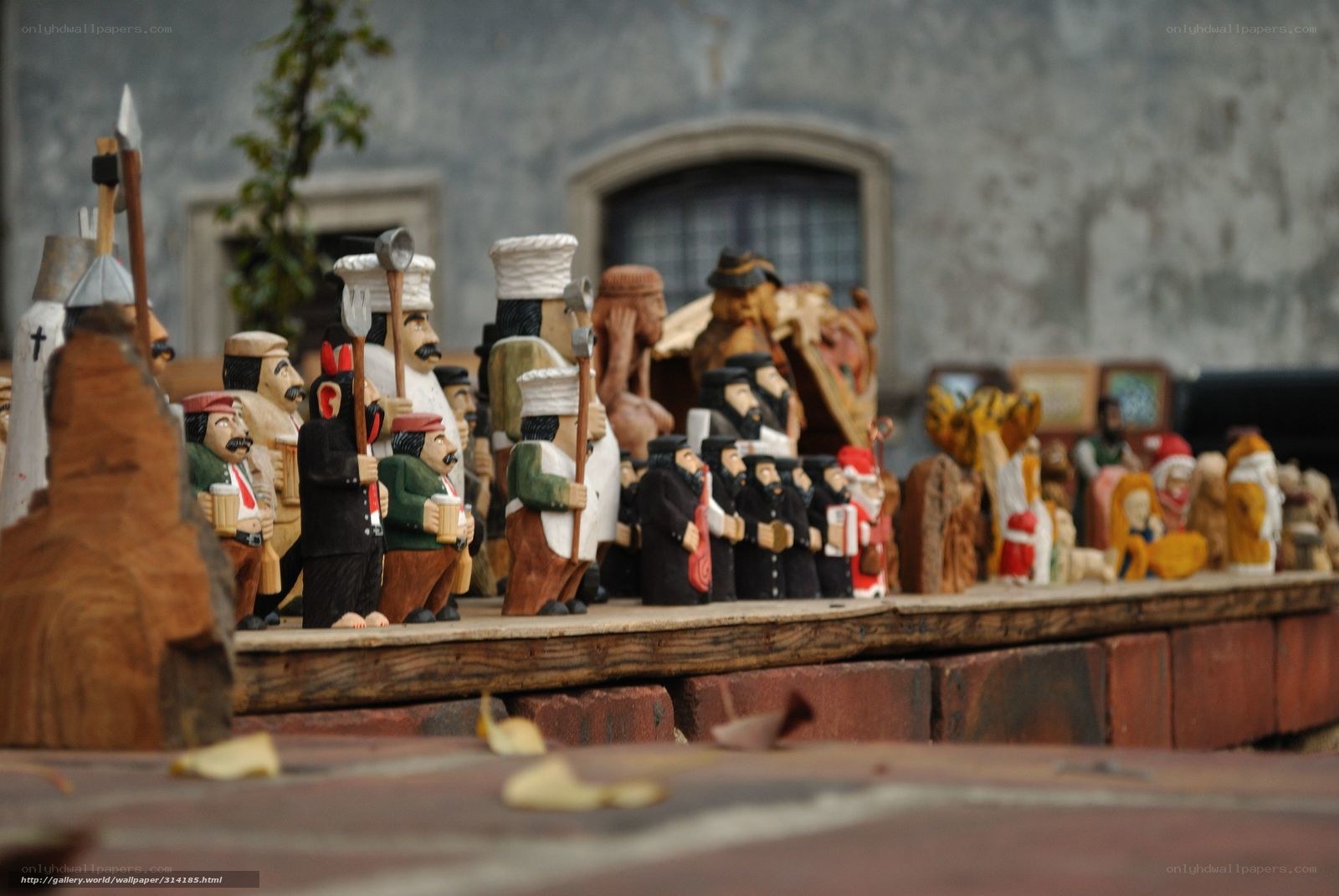 Wooden figurines on display