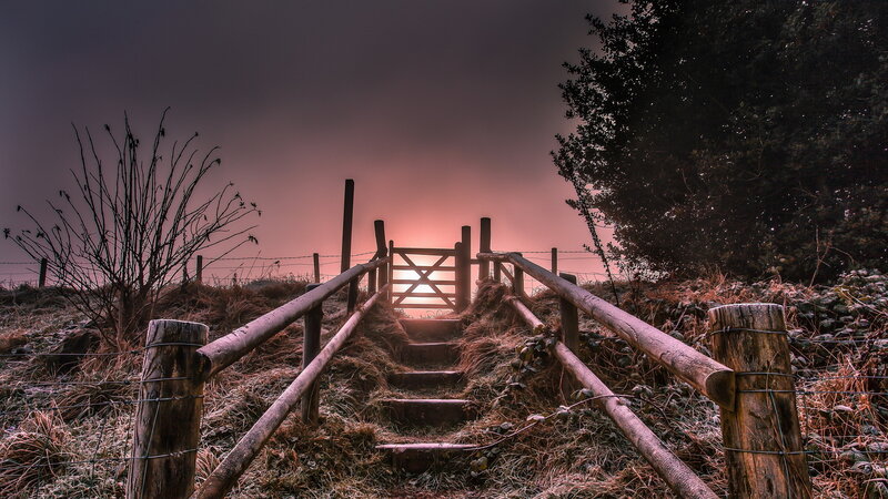 Wooden Gate at Sunset — Purple, Dramatic