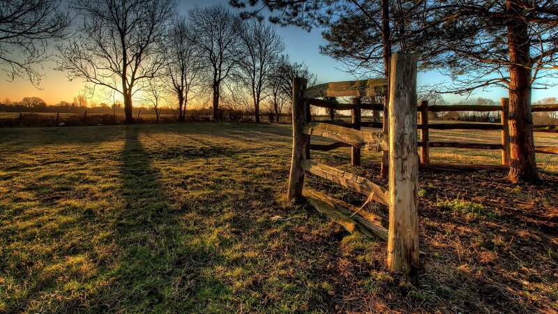 Wooden Gate in Field — Green, Serene, Sunset