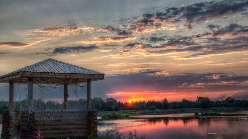 Wooden Gazebo by Lake — Orange, Serene