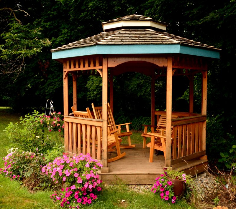 Wooden Gazebo in Garden — Brown, Serene, Afternoon