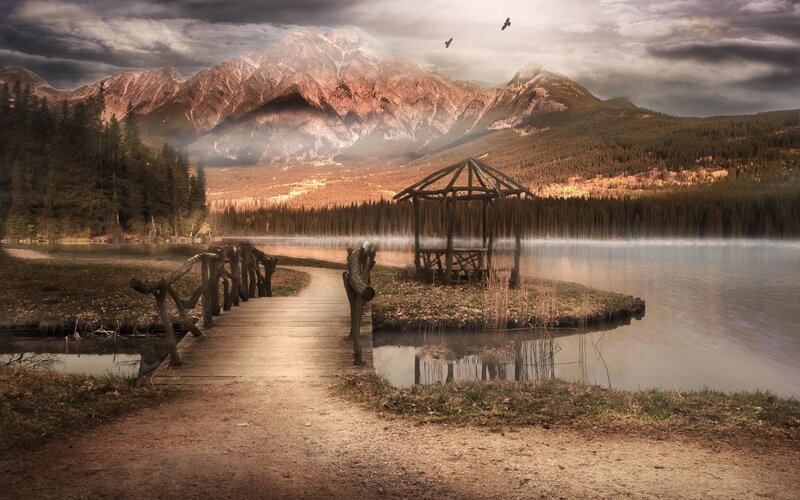 Wooden Gazebo on Lake — Brown, Dramatic, Sunset