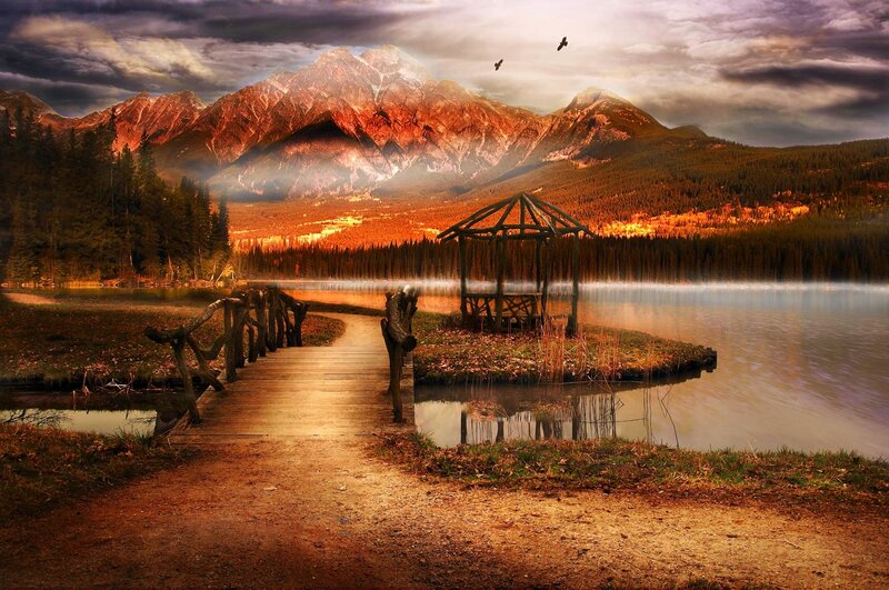 Wooden Gazebo on Lake — Brown, Dramatic