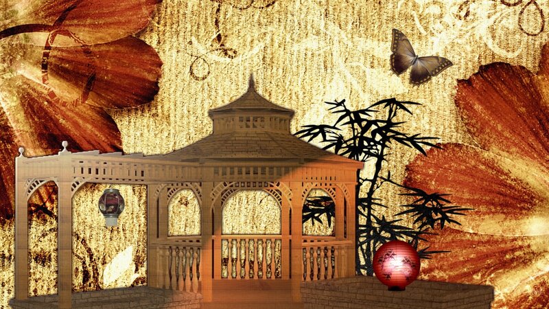 Wooden Gazebo with Lanterns