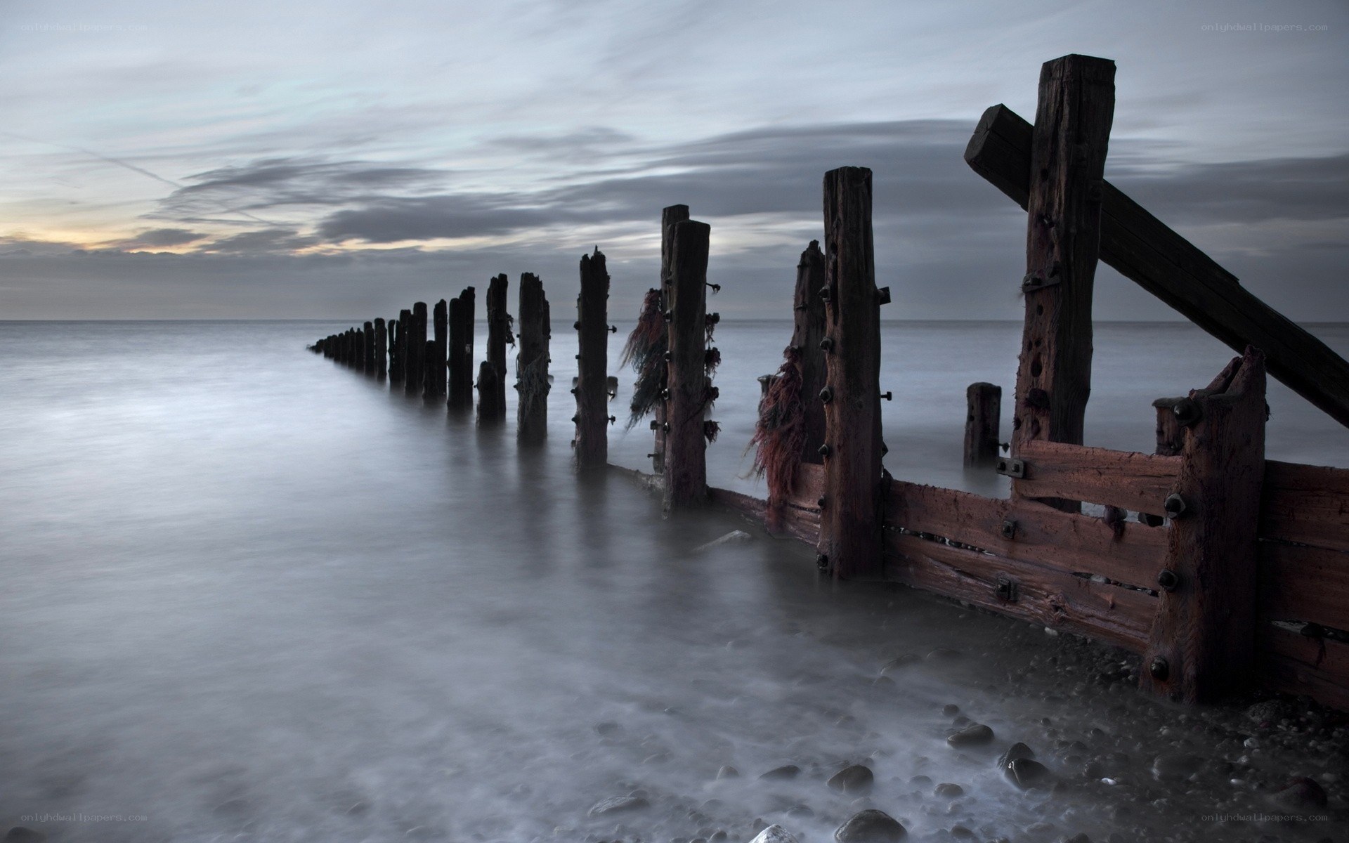 Wooden groynes at dusk