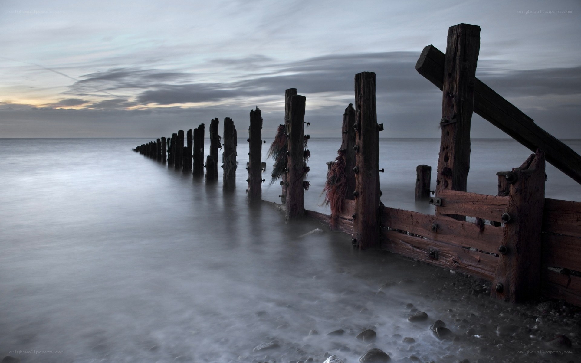 Wooden groynes at the seaside