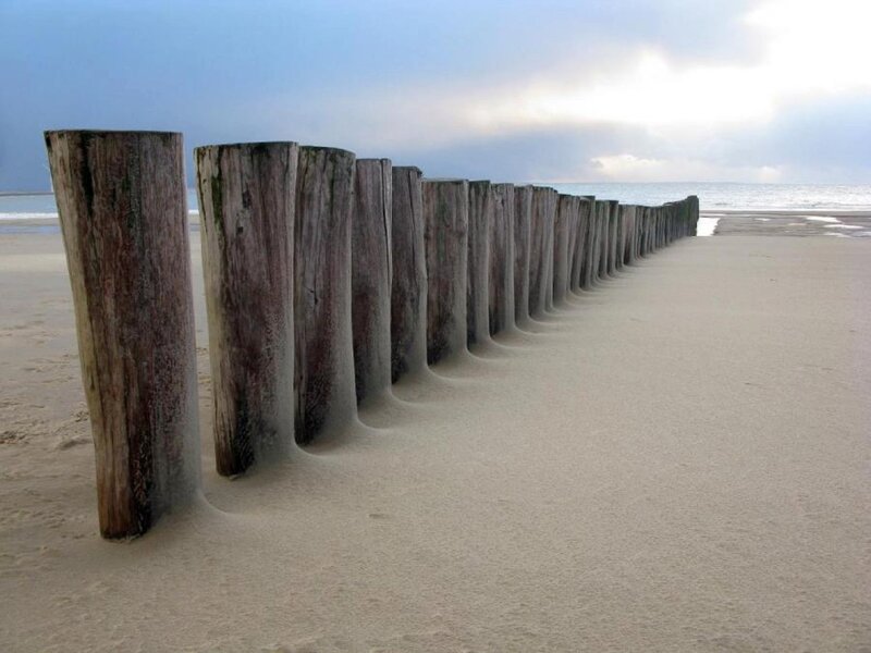 Wooden groynes on a sandy beach