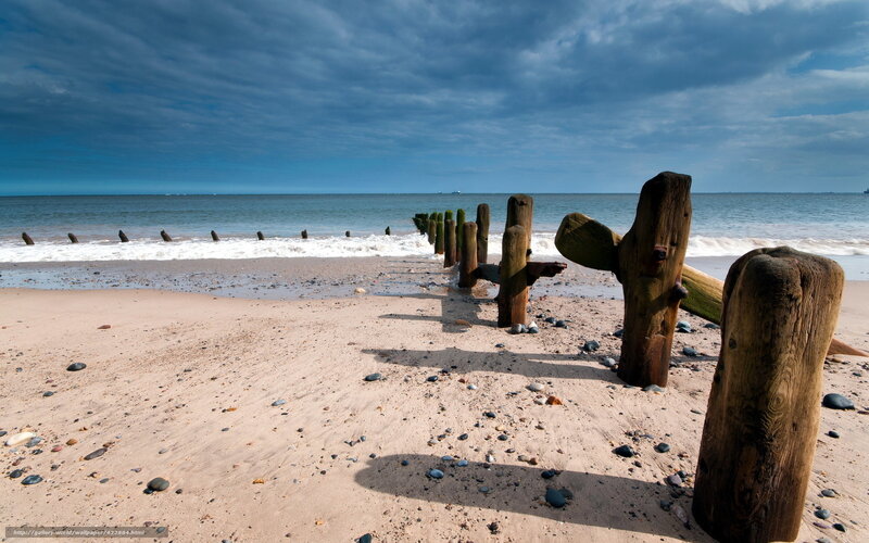 Wooden Groynes on Beach — Blue, Dramatic, Afternoon