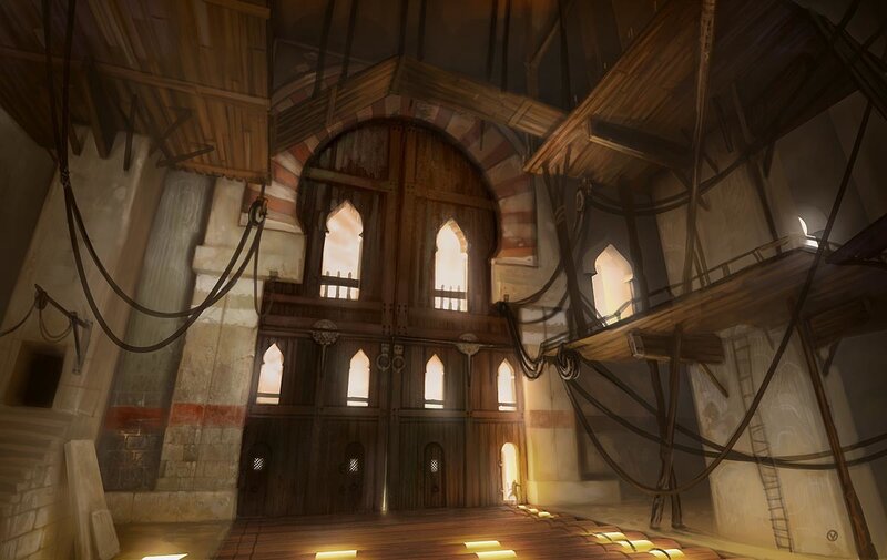 Wooden Hall with Arched Windows