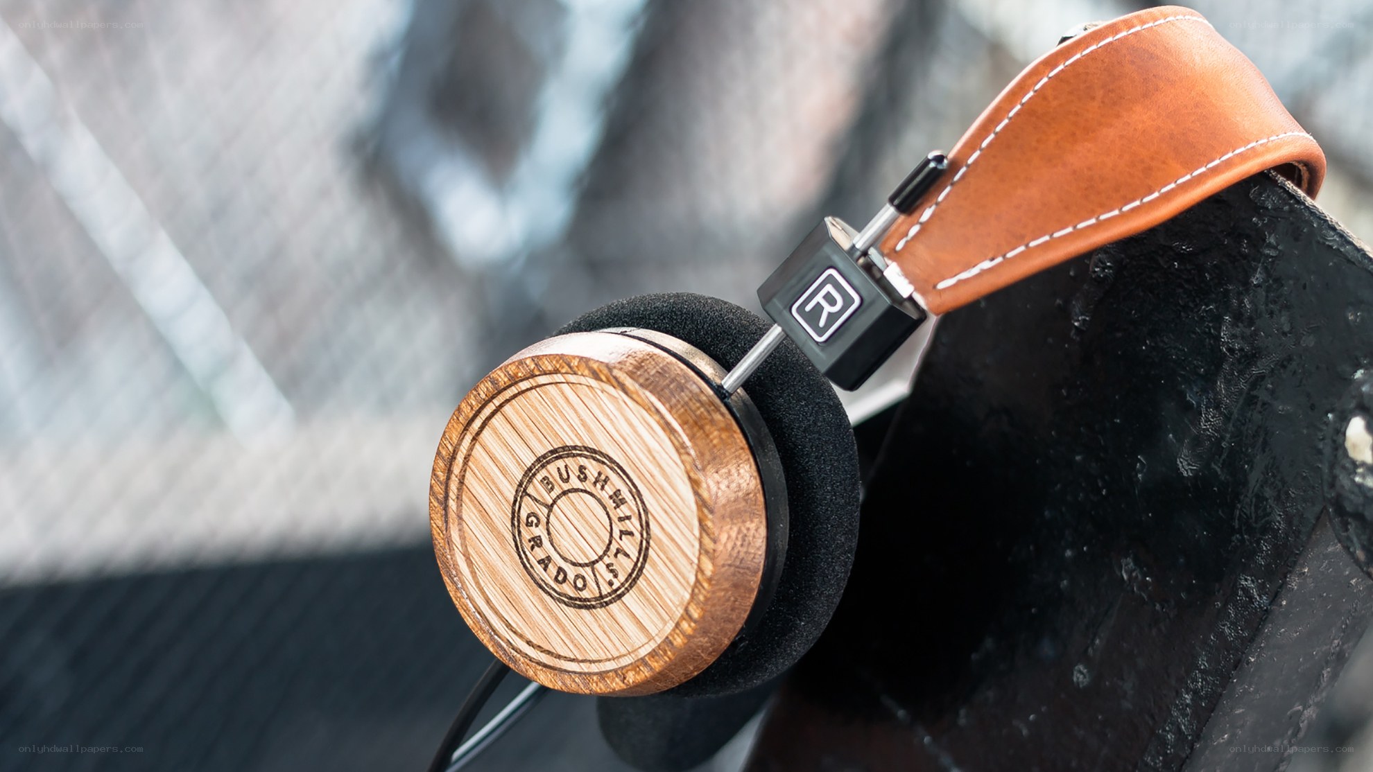 wooden headphones on display