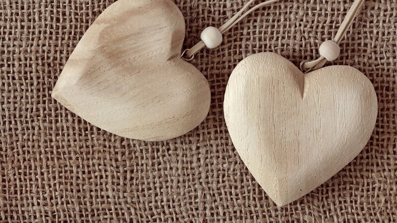Wooden Heart Ornaments — Brown, Calm, Photograph, Burlap Fabric, String