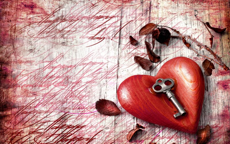 Wooden Heart with Key — Red, Romantic