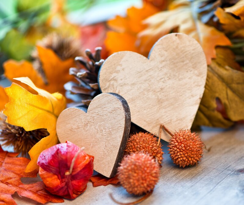 Wooden Hearts with Autumn Leaves