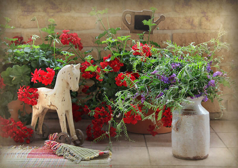 Wooden Horse with Flowers