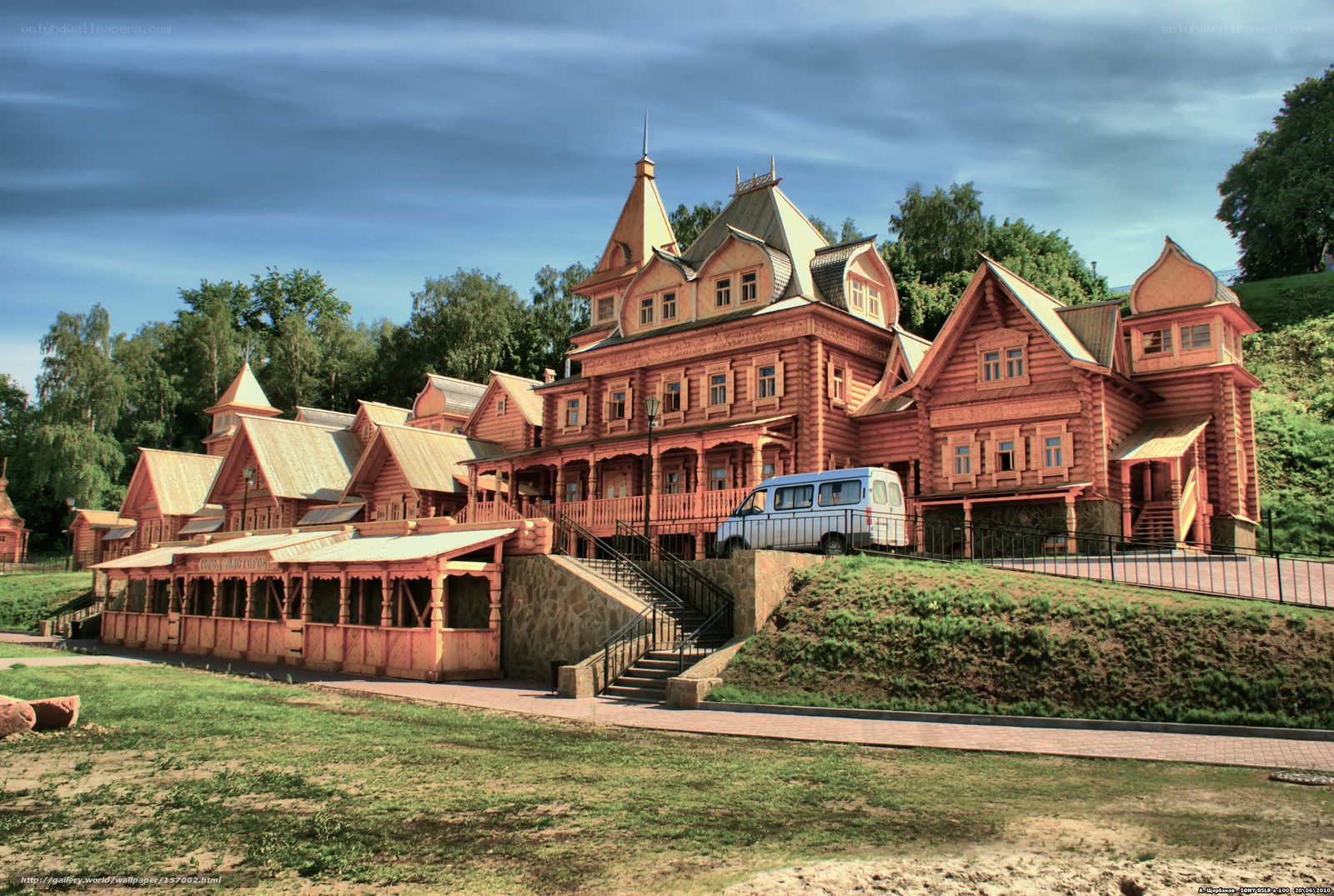 Wooden house complex in park