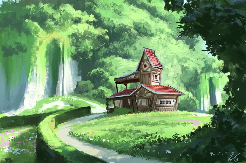 Wooden House in Forest — Green, Serene, Afternoon, Digital Art, Path