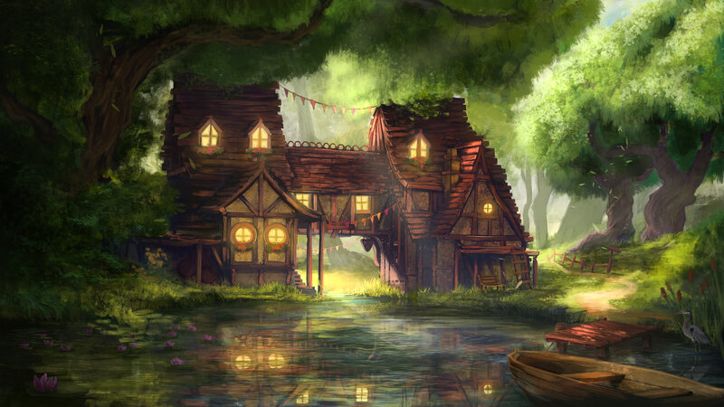 Wooden House in Forest — Green, Serene, Afternoon, Digital Art, River