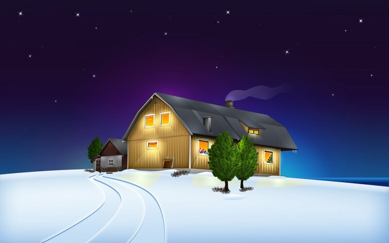 Wooden House in Snow — Blue