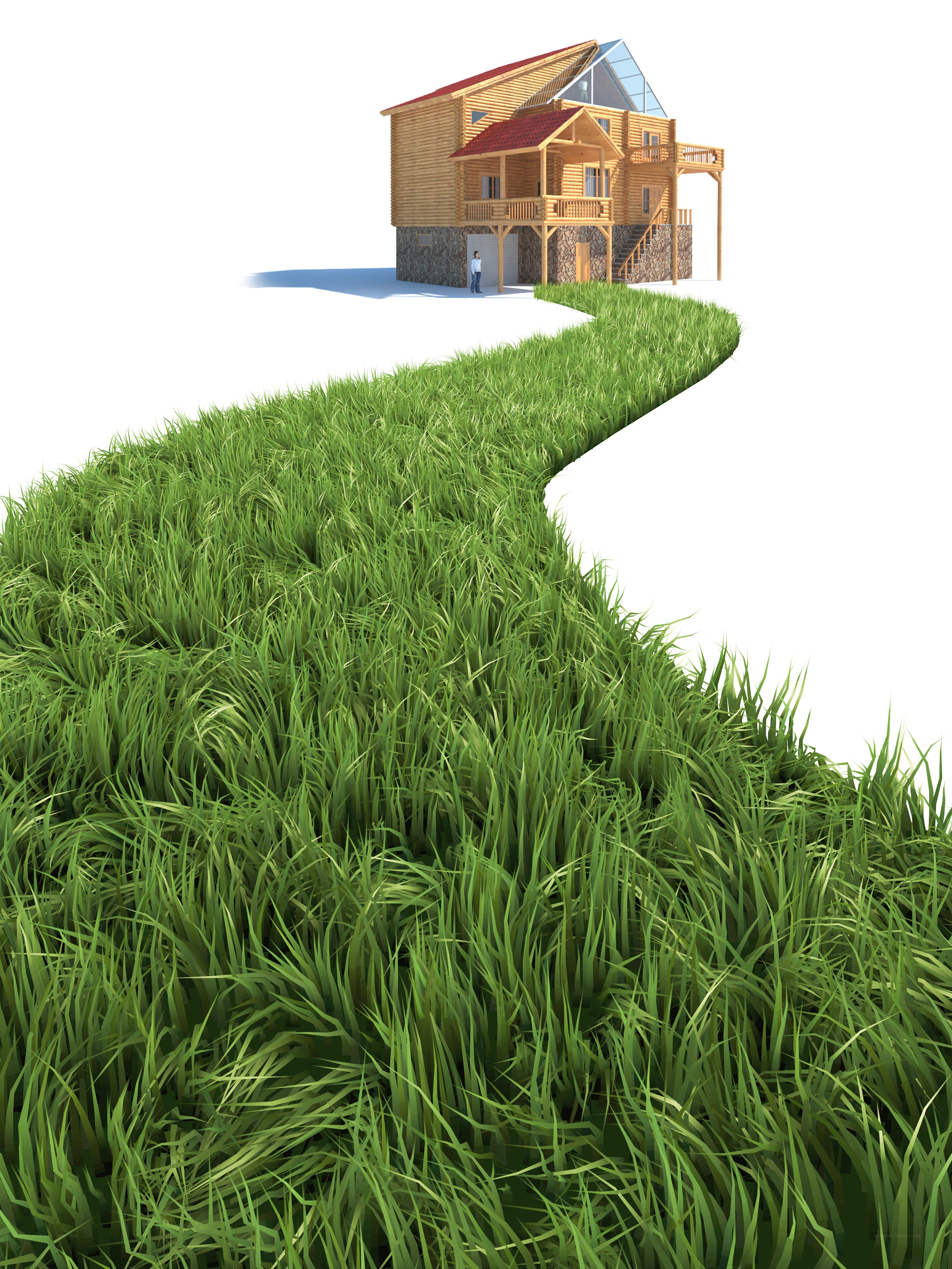 Wooden house on grass path