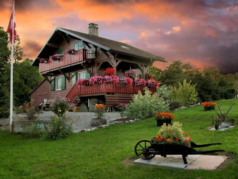 Wooden House with Flowers — Green, Dramatic