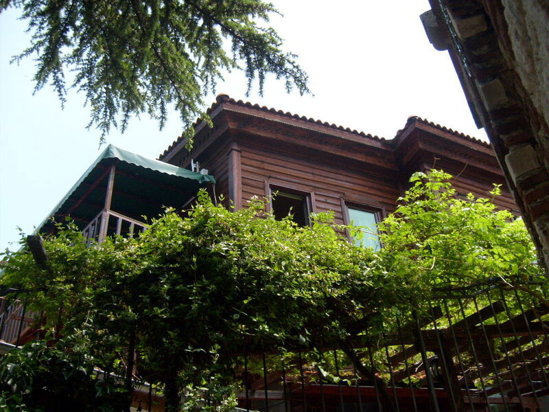 wooden house with green vines