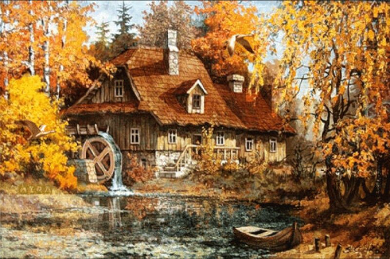 Wooden House with Watermill