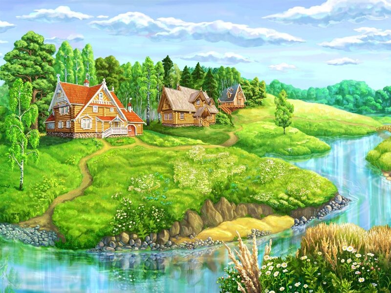 Wooden Houses by River — Green, Serene, Afternoon, Illustration